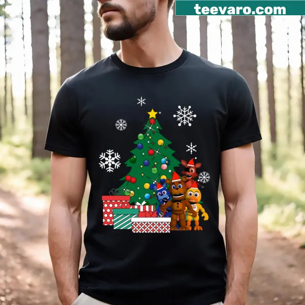 Five Nights At Freddy's T-shirt featuring characters around a Christmas tree