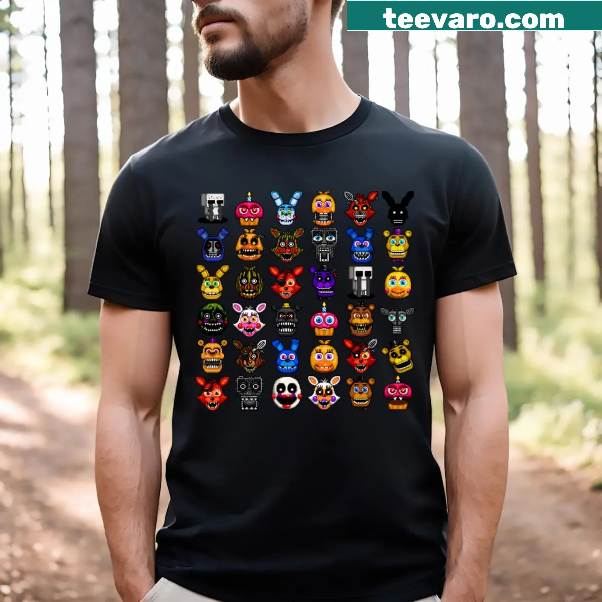 Pixel art collage t-shirt featuring characters from Five Night's At Freddy's — on a men's t-shirt
