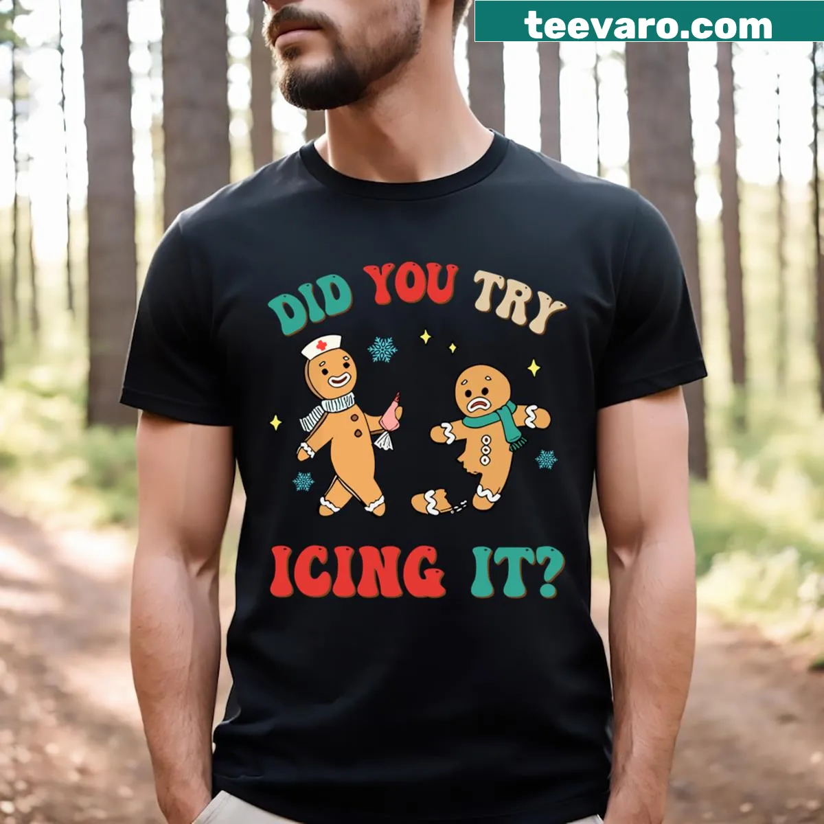 Funny Christmas nurse t-shirt with gingerbread man design — on a men's t-shirt