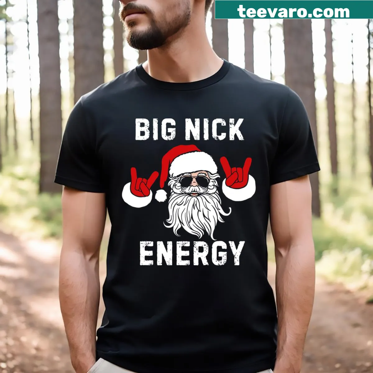 Playful Santa face illustration with text Big Nick Energy for Christmas — on a men's t-shirt