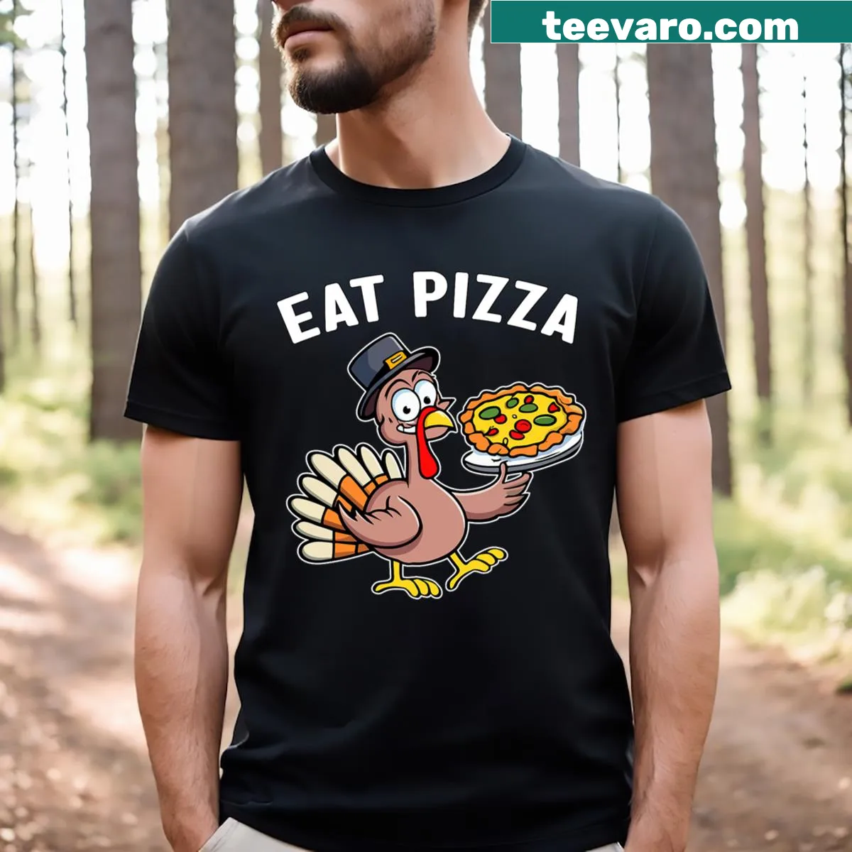 Thanksgiving-themed t-shirt with humorous 'Thanksgiving Turkey Eat Pizza' text — on a men's t-shirt