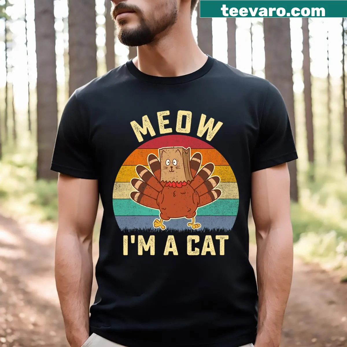 Retro Thanksgiving T-shirt with turkey and cat meow design — on a men's t-shirt