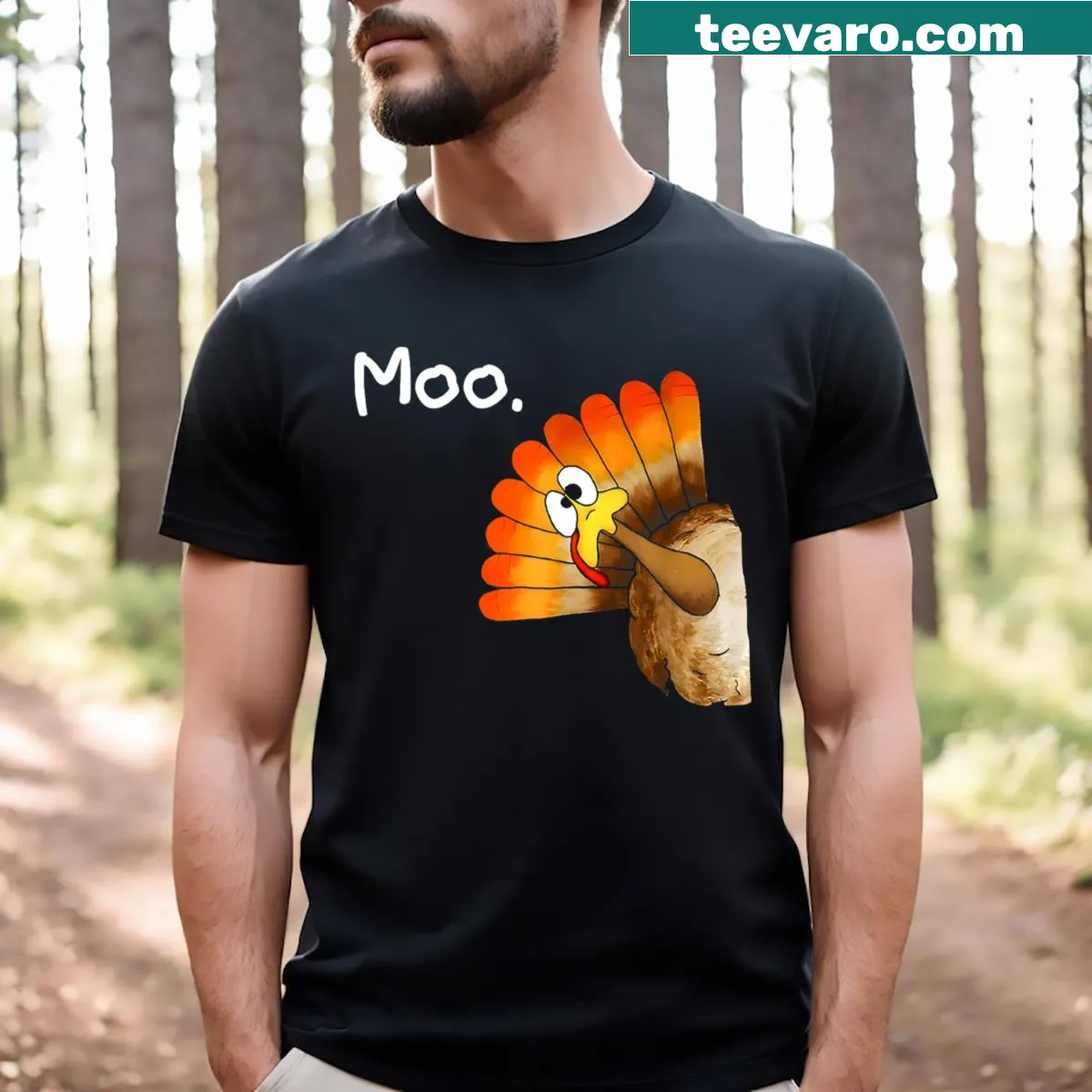 Cartoon turkey claiming to be a cow for Thanksgiving humor — on a men's t-shirt