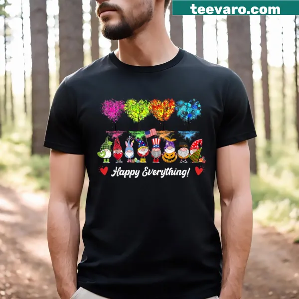 Whimsical T-shirt featuring gnomes for every season
