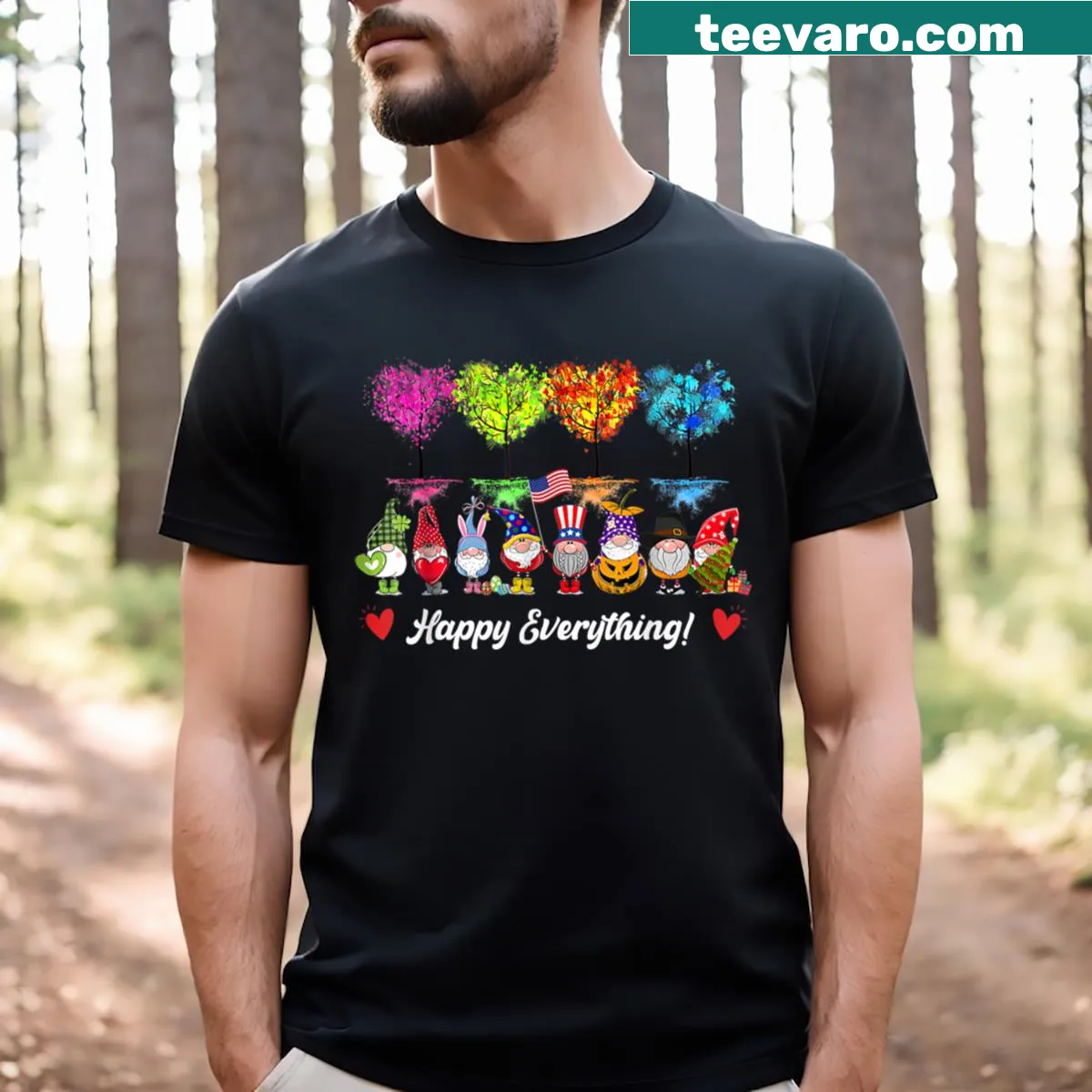 Whimsical T-shirt featuring gnomes for every season — on a men's t-shirt