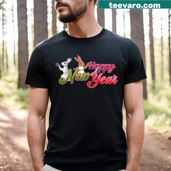 Cheerful Happy New Year 2024 T-shirt with festive typography