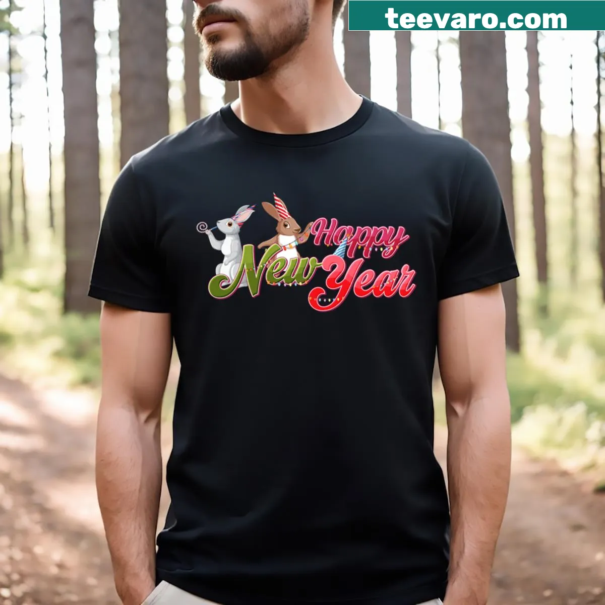 Cheerful Happy New Year 2024 T-shirt with festive typography — on a men's t-shirt