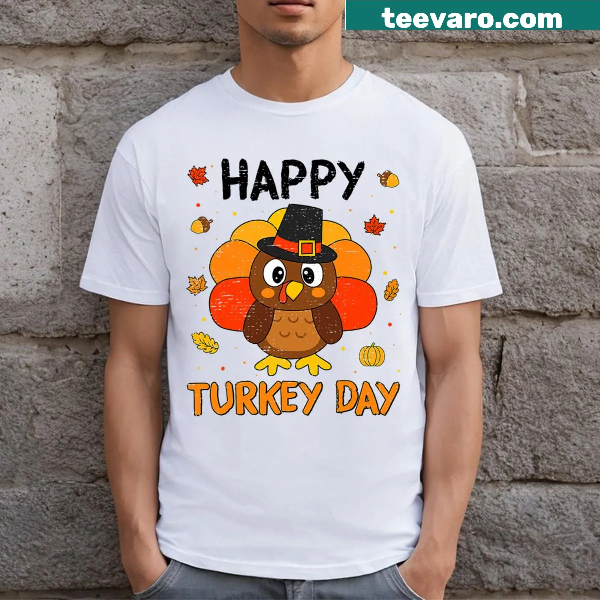 Playful Thanksgiving T-shirt for kids with pumpkin design — on a men's t-shirt
