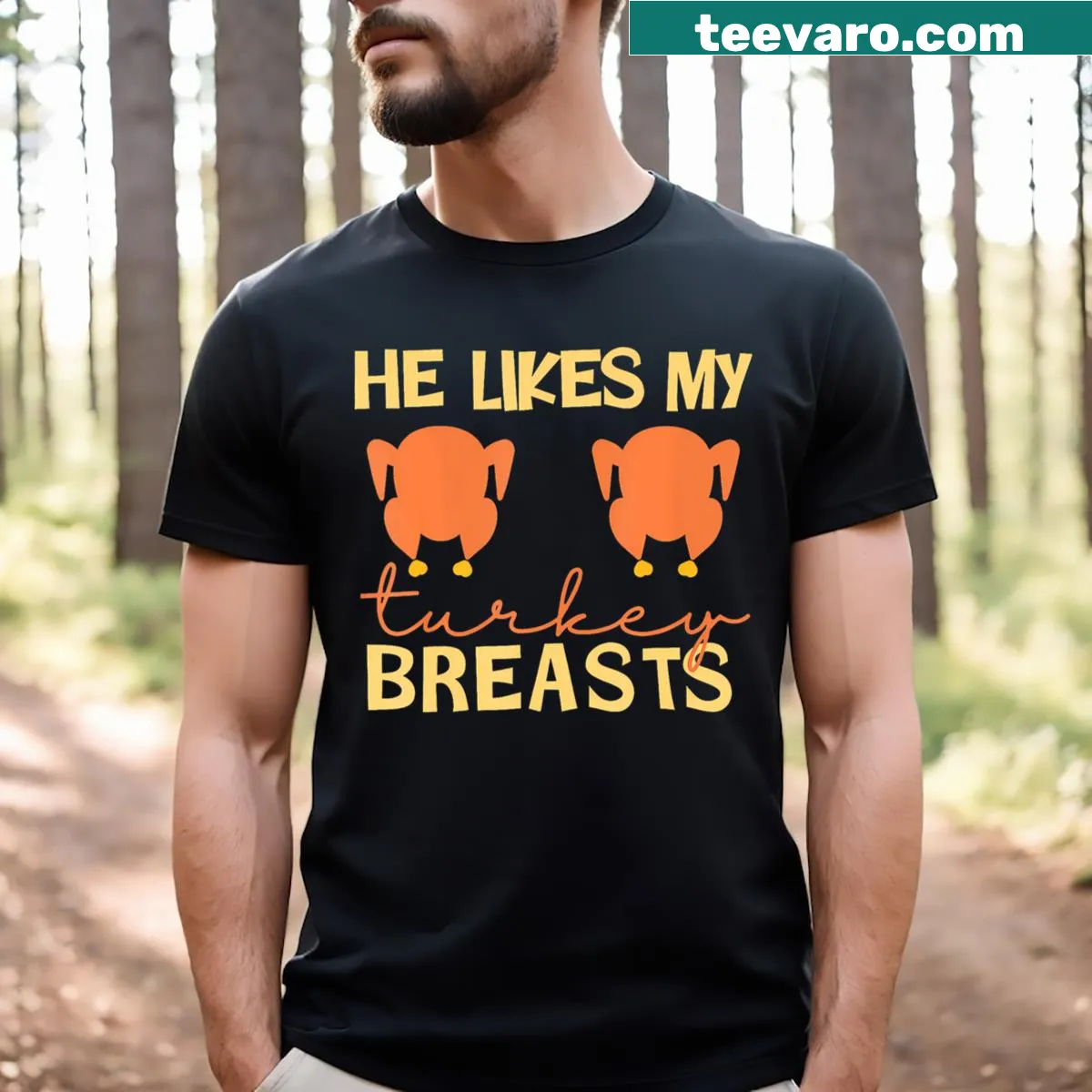 Couple matching Thanksgiving t-shirt with humorous turkey-themed text — on a men's t-shirt