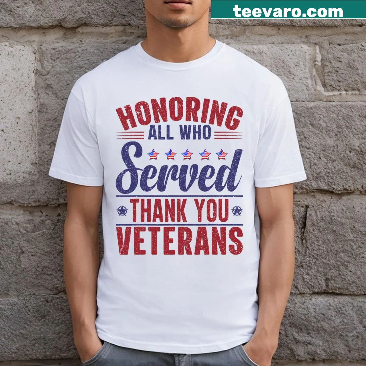 Veterans Day tribute shirt with American flag and text — on a men's t-shirt