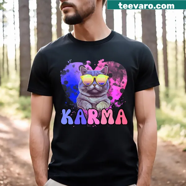 Pink T-shirt with groovy 'Karma' letters in a playful font