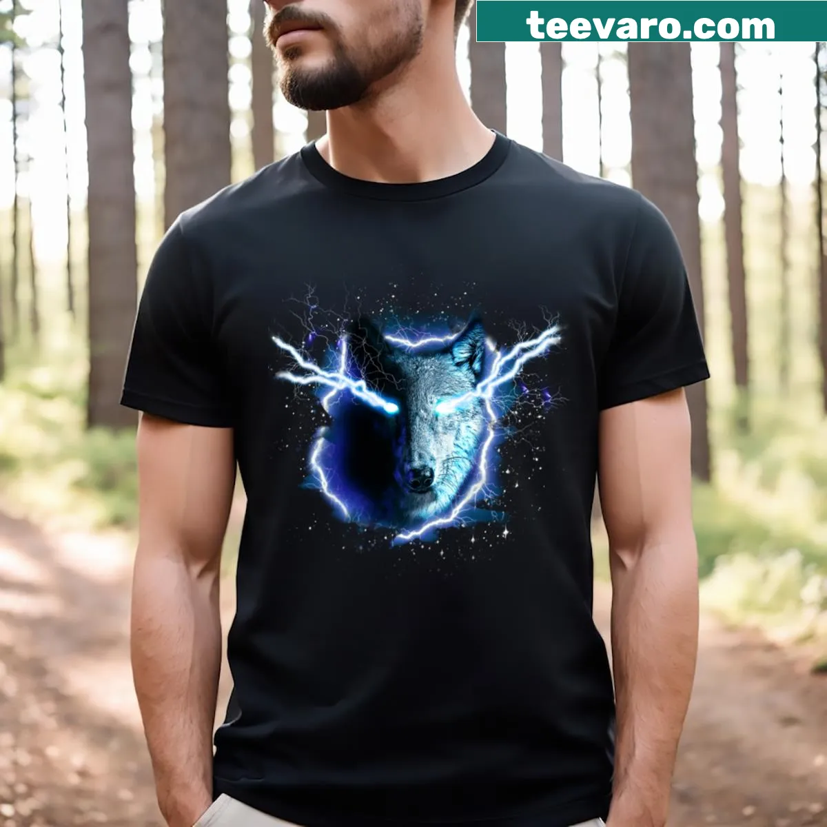 Illustrative T-shirt featuring a charging wolf with lightning bolts — on a men's t-shirt