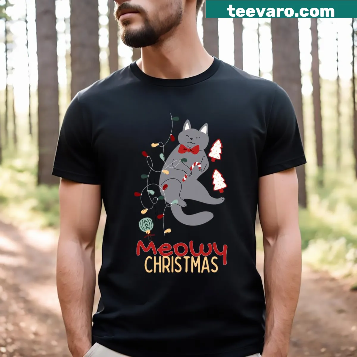 Cat tangled in Christmas lights graphic on a t-shirt — on a men's t-shirt