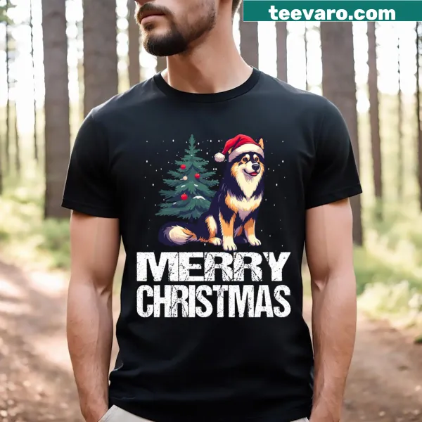 Festive T-shirt featuring a Shepsky Husky mix design for dog lovers.