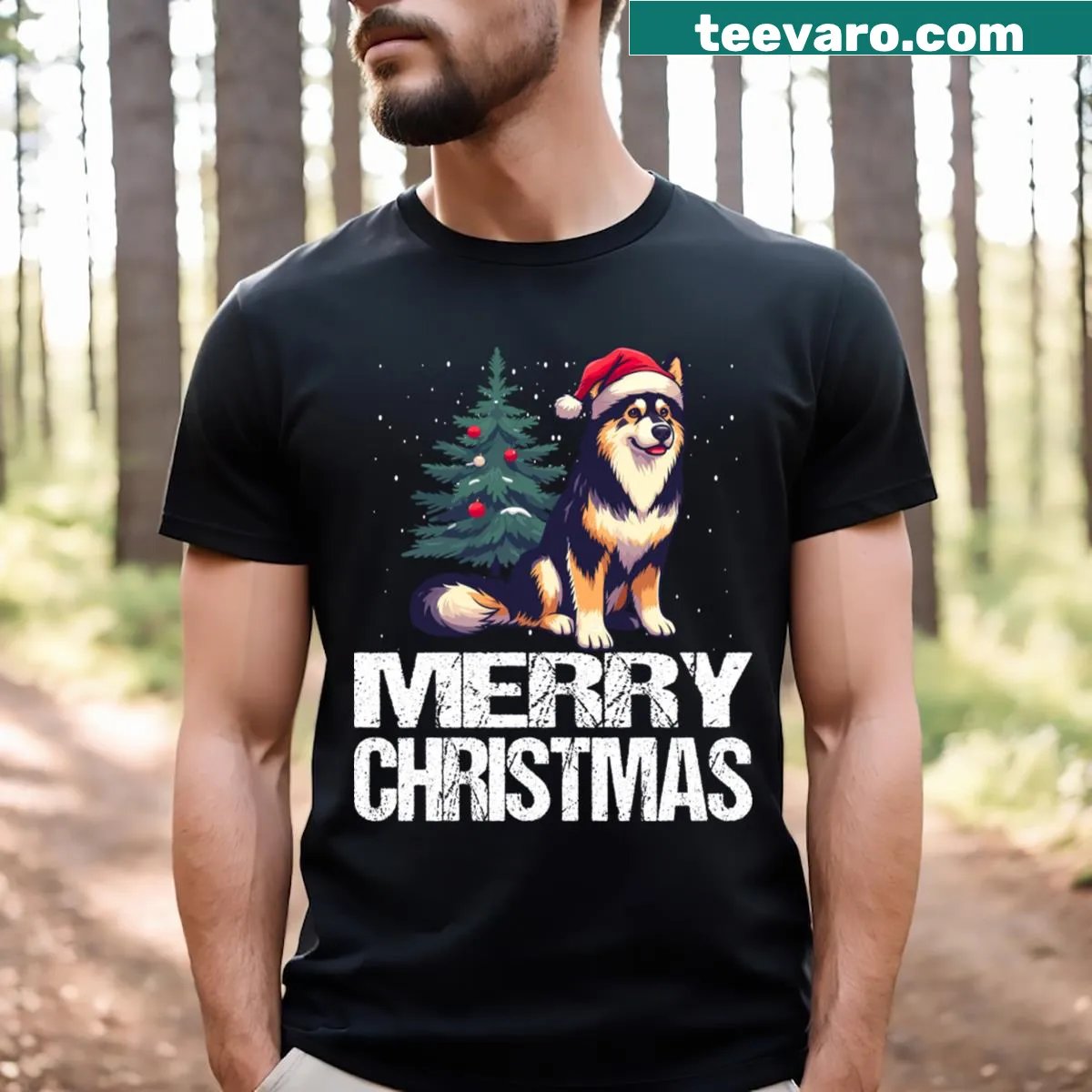 Festive T-shirt featuring a Shepsky Husky mix design for dog lovers. — on a men's t-shirt