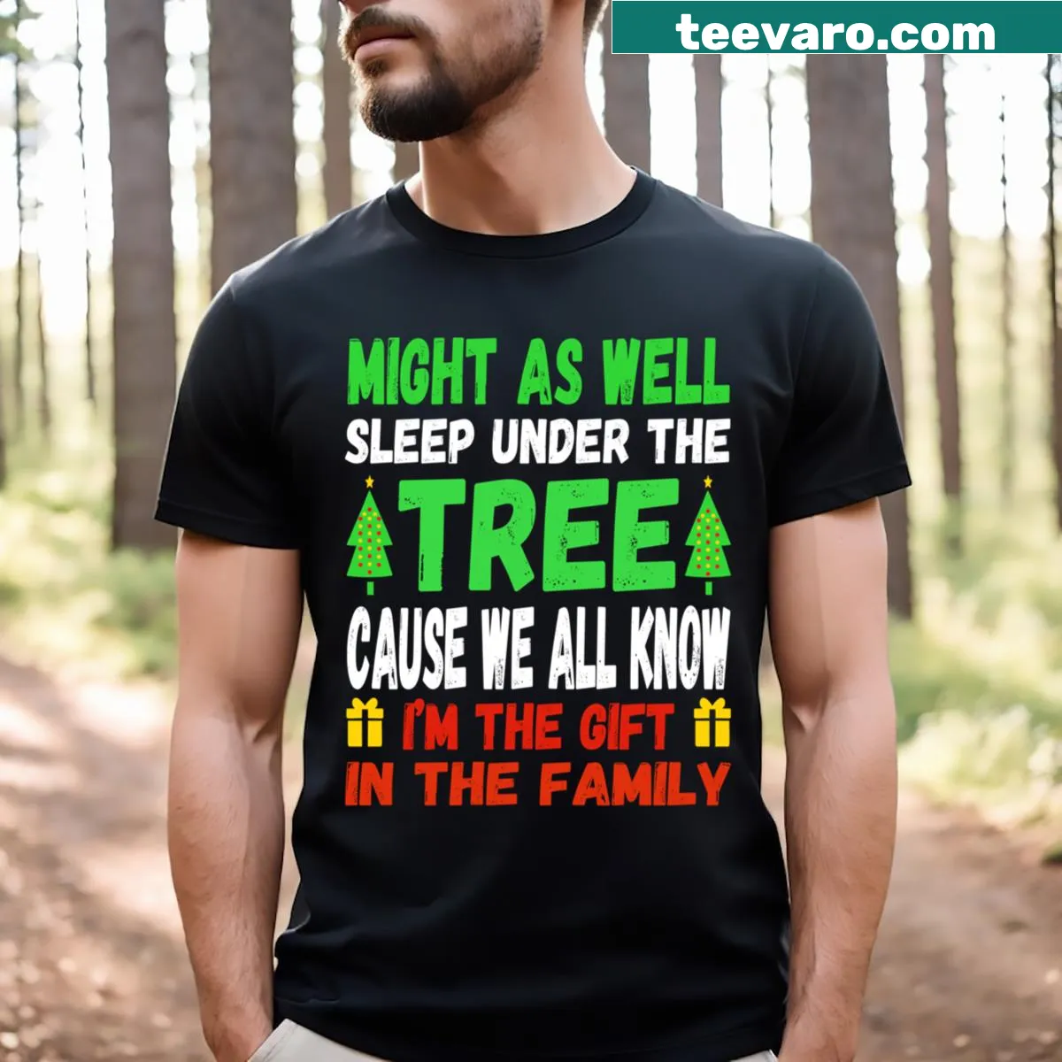 Funny Christmas T-shirt with humorous sleeping graphic — on a men's t-shirt