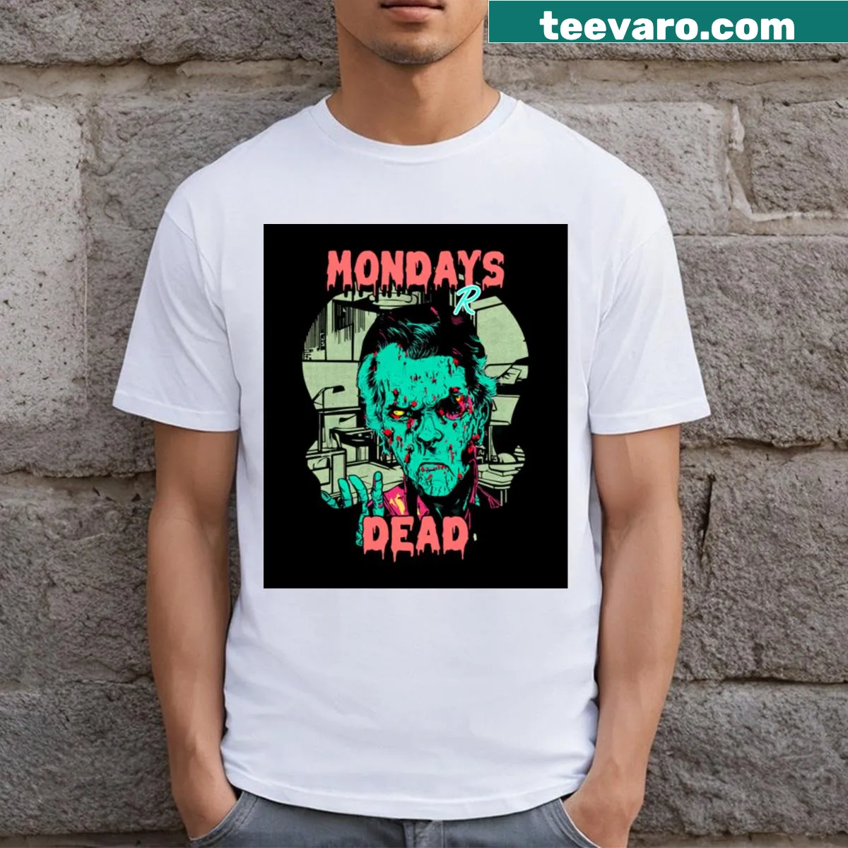 Zombie-themed t-shirt with humorous text about Mondays — on a men's t-shirt