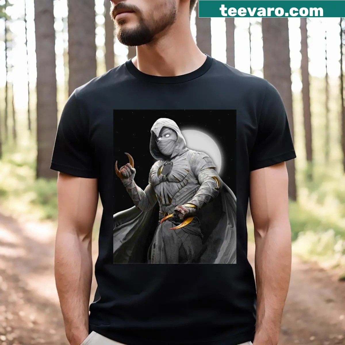 Moon Knight T-shirt featuring weapon design for superhero fans. — on a men's t-shirt