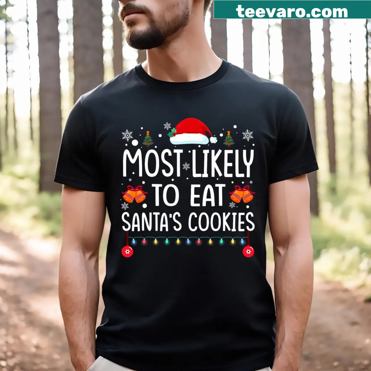 Text shirt reading 'Most Likely To Eat Santa's Cookies' for kids — on a men's t-shirt