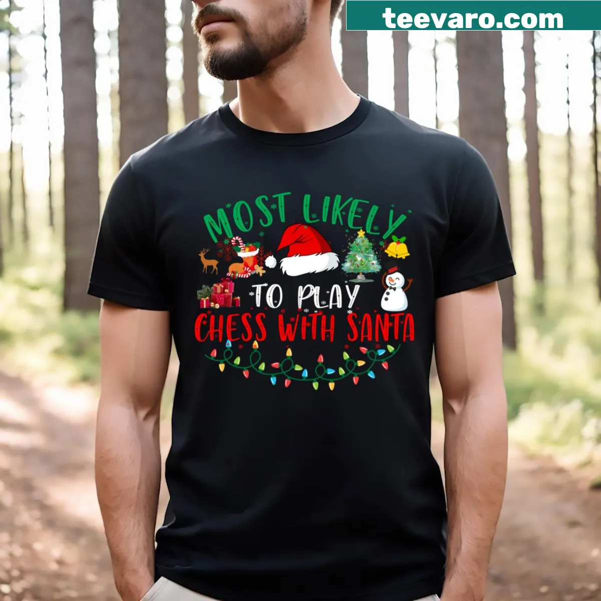 Cartoon Christmas t-shirt with Santa playing chess design — on a men's t-shirt
