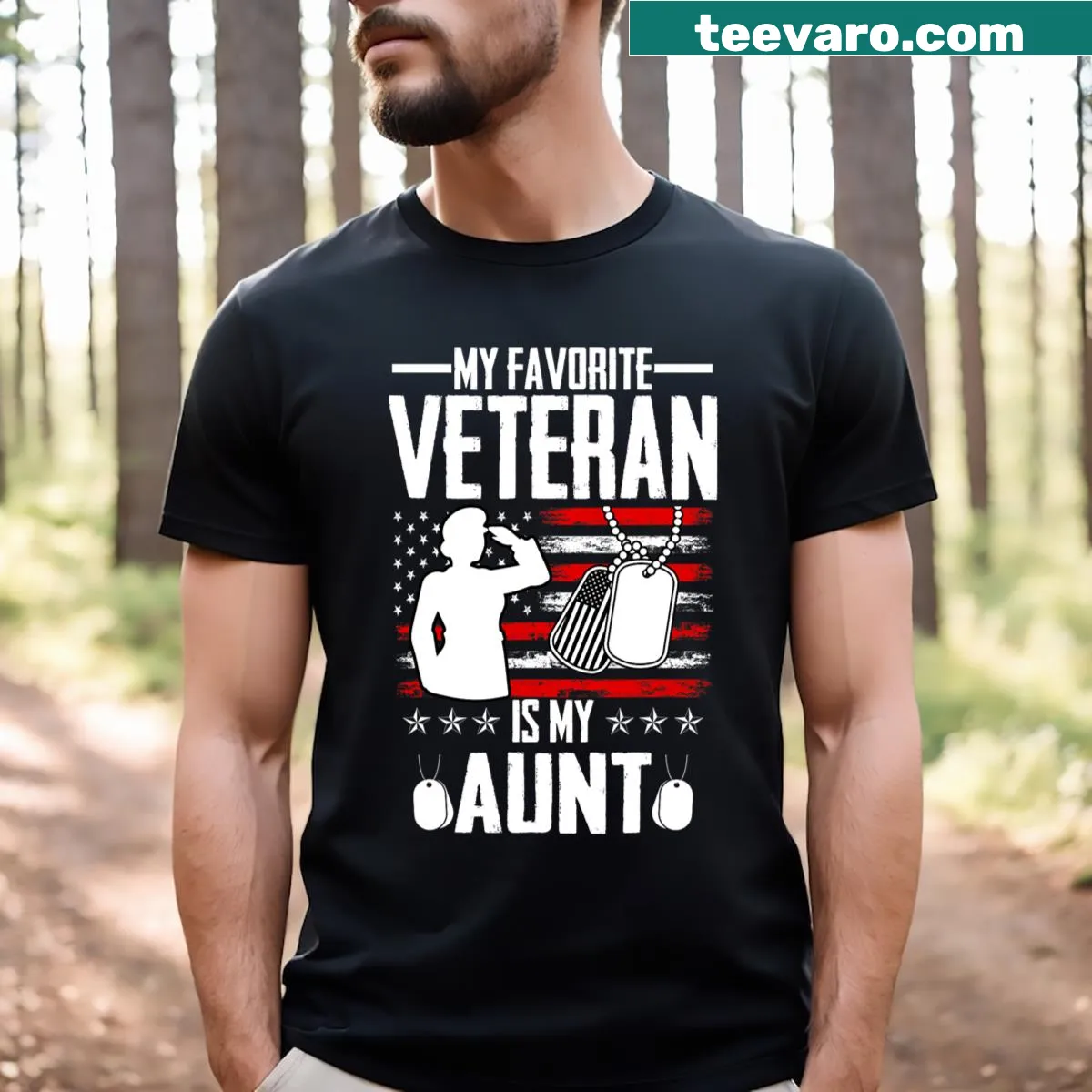 Vintage-style t-shirt with USA flag and text about veteran aunt — on a men's t-shirt