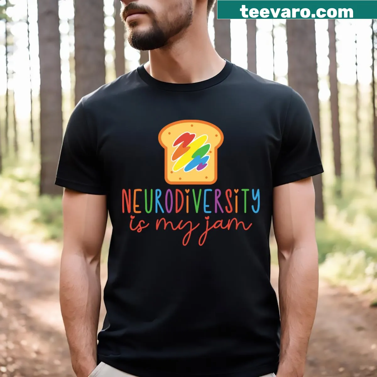 T-shirt featuring 'Neurodiversity Is My Jam' text for advocacy — on a men's t-shirt