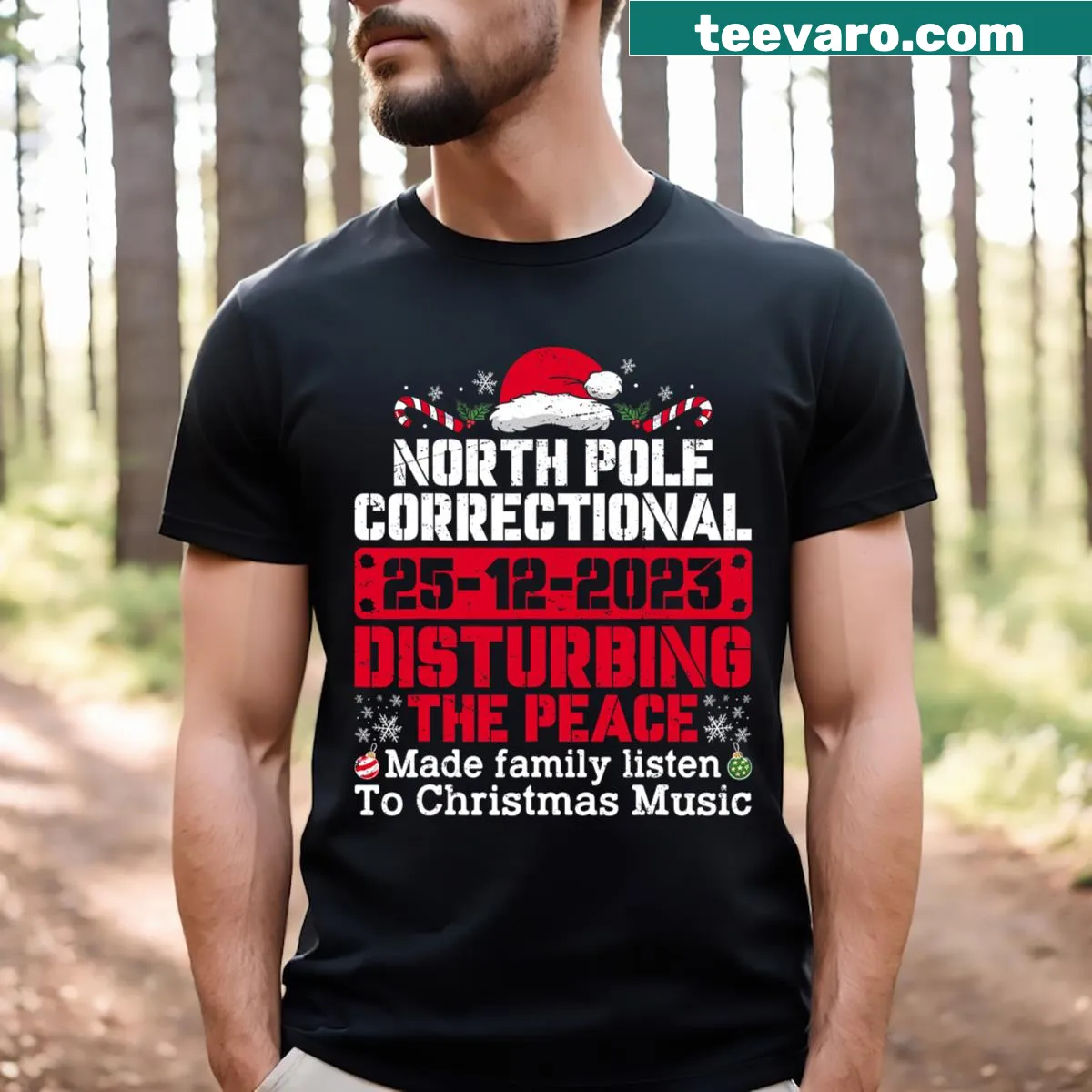 Funny Christmas t-shirt with 'Disturbing Peace' text — on a men's t-shirt