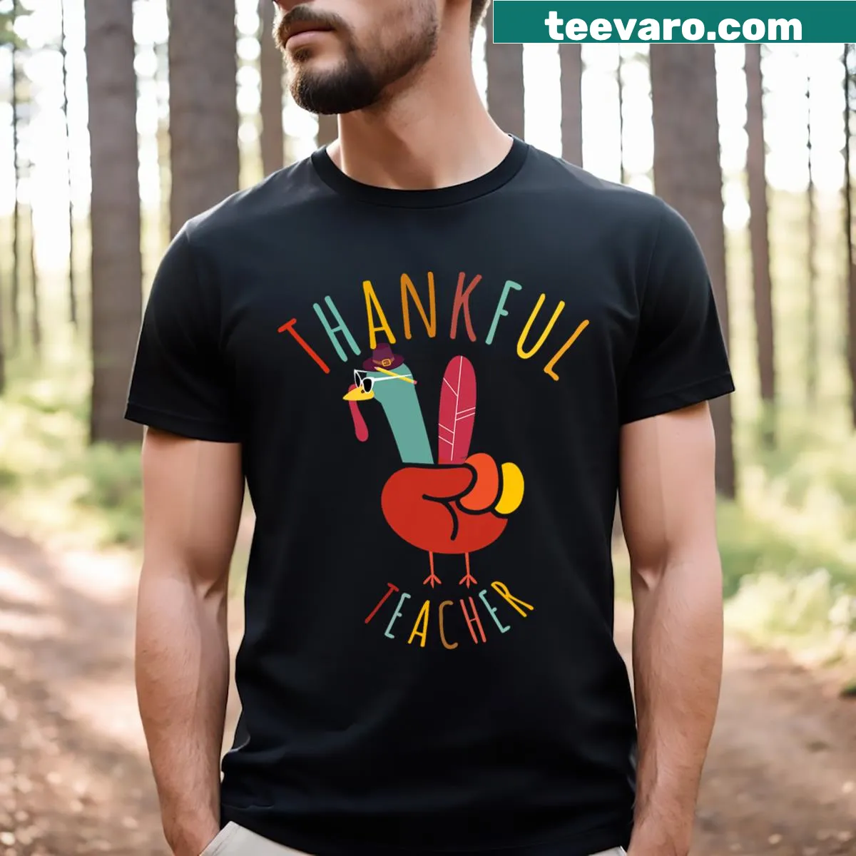 Cartoon turkey peace sign t-shirt for thankful teachers — on a men's t-shirt