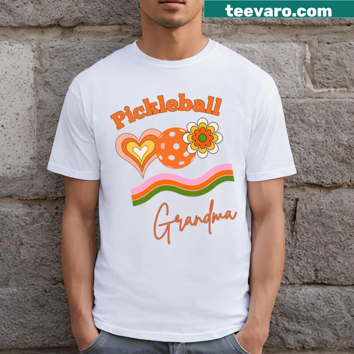 Retro pickleball t-shirt for grandmas with heart and flowers — on a men's t-shirt