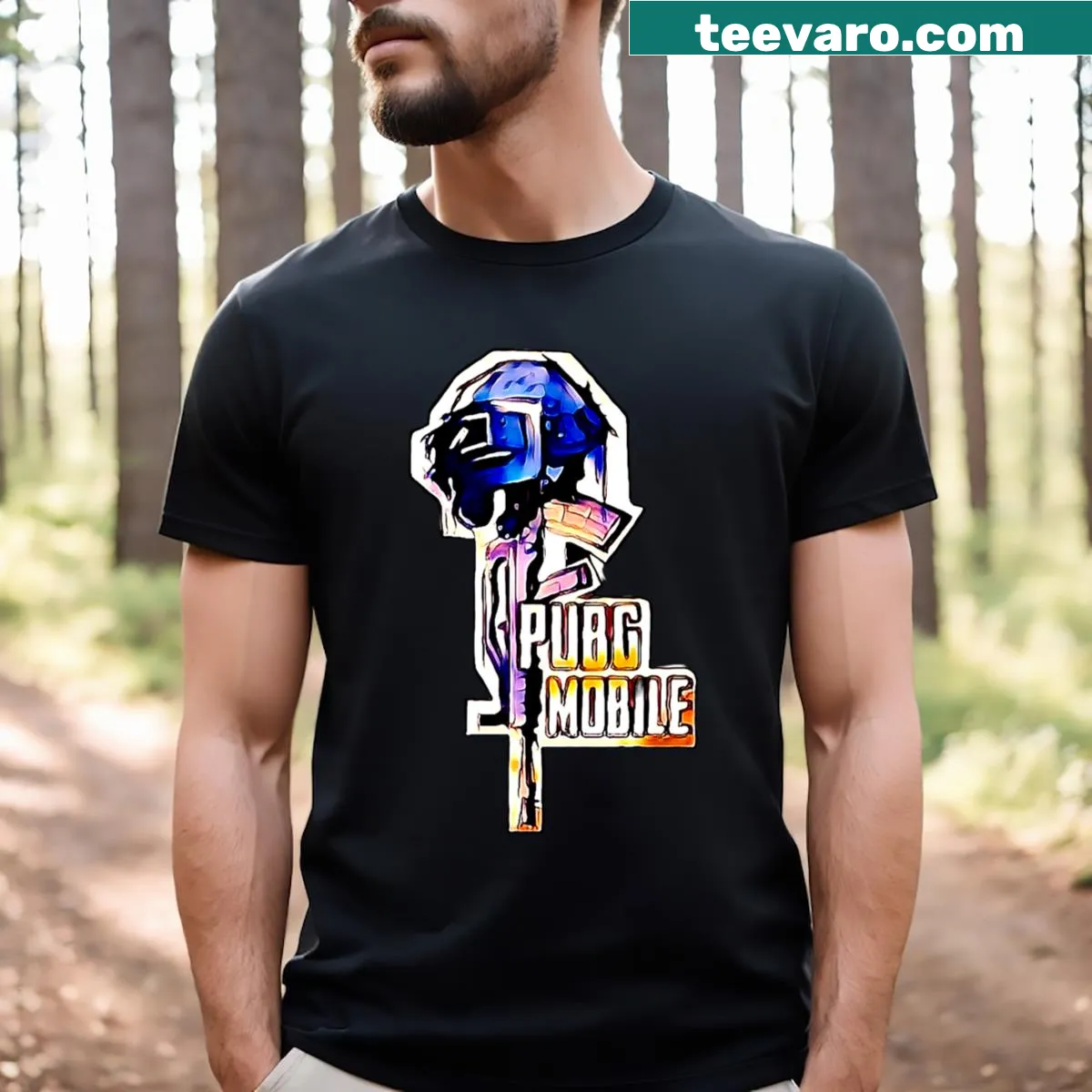 Illustrated PUBG Mobile logo T-shirt for gamers. — on a men's t-shirt