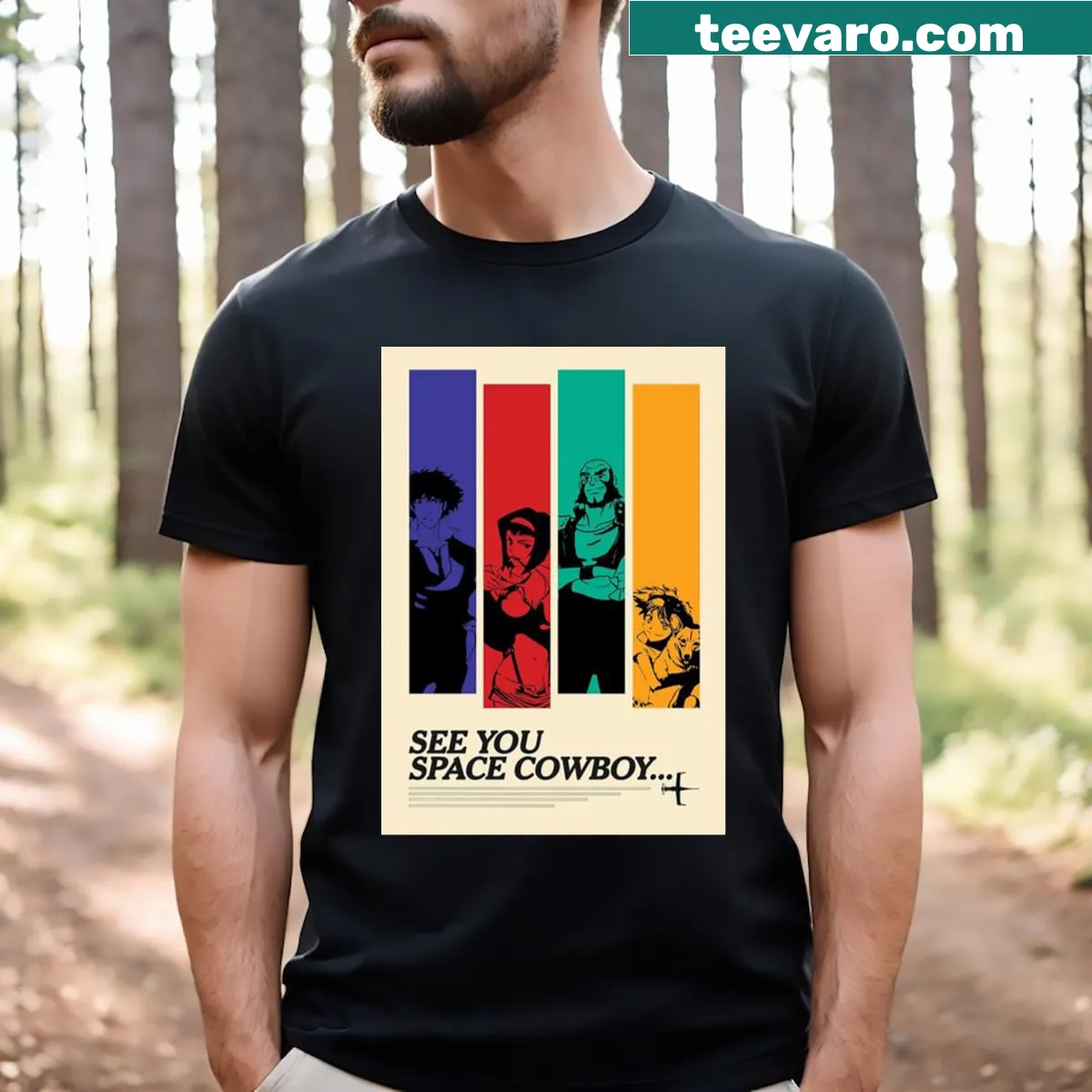 Whimsical T-shirt featuring the phrase 'See You Space Cowboy.' — on a men's t-shirt