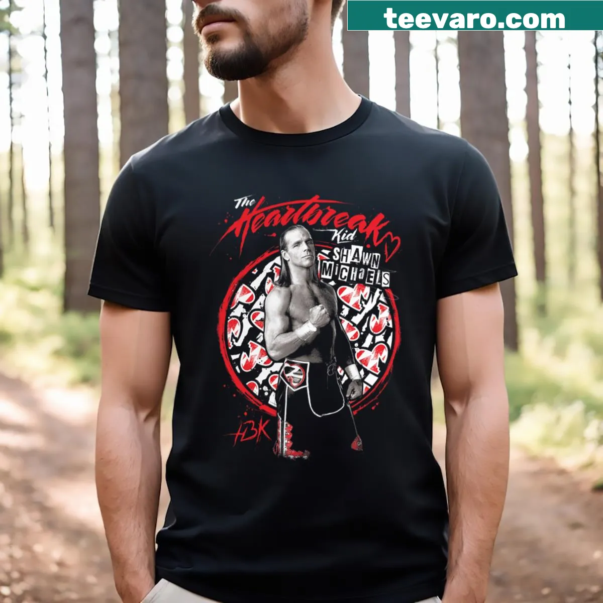 Tribute shirt featuring Shawn Michaels as the Heartbreak Kid with iconic imagery. — on a men's t-shirt