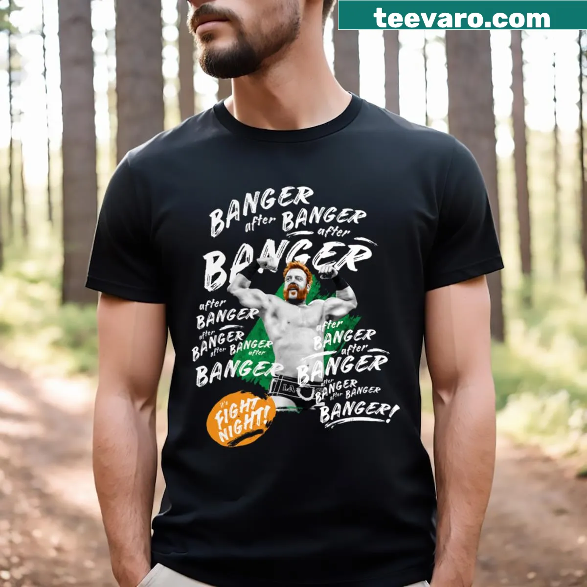 Bold typography T-shirt celebrating Sheamus and wrestling events — on a men's t-shirt