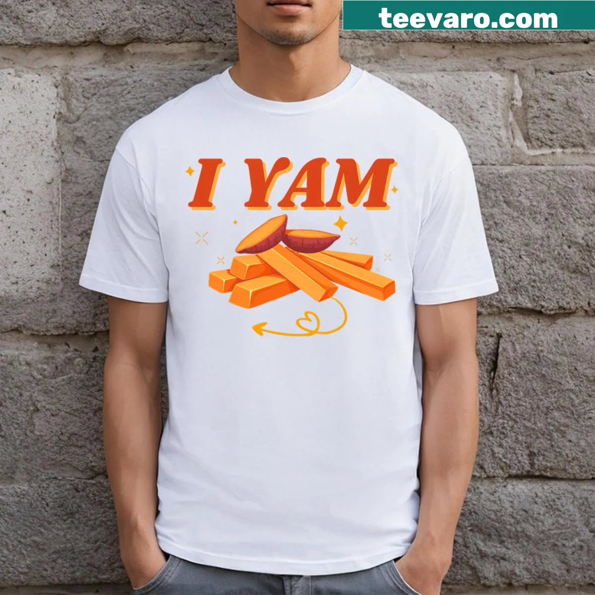 Matching T-shirts for couples featuring sweet potato illustrations — on a men's t-shirt