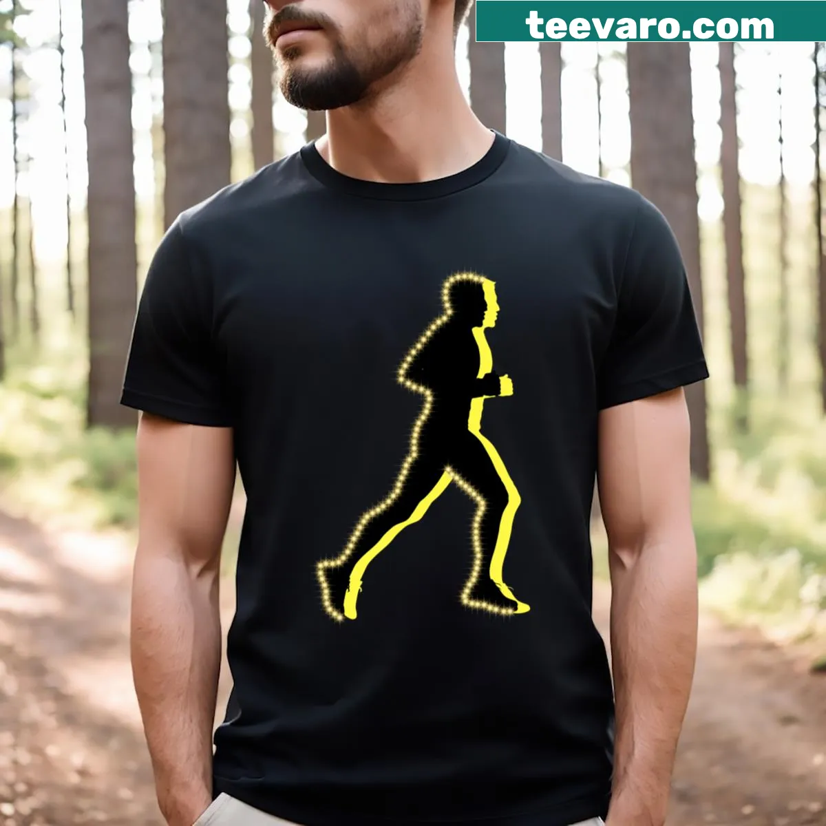 Yellow neon silhouette of a runner on a t-shirt — on a men's t-shirt