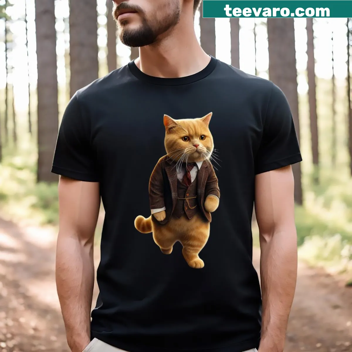 Elegant vintage-style t-shirt featuring a graceful cat silhouette — on a men's t-shirt