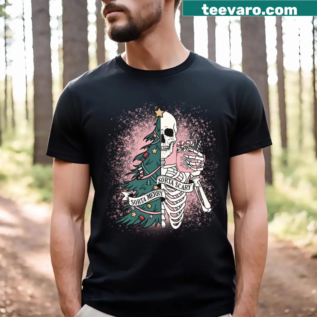 Bleached t-shirt featuring a funny Christmas skeleton design — on a men's t-shirt