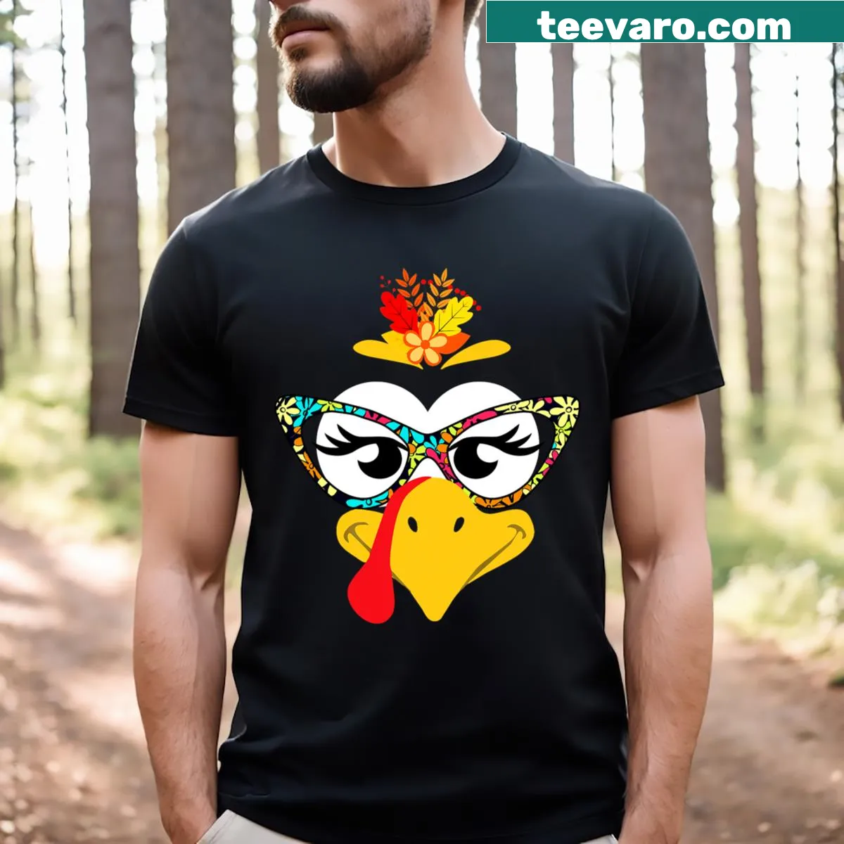 Funny Thanksgiving T-shirt with turkey face and floral sunglasses — on a men's t-shirt