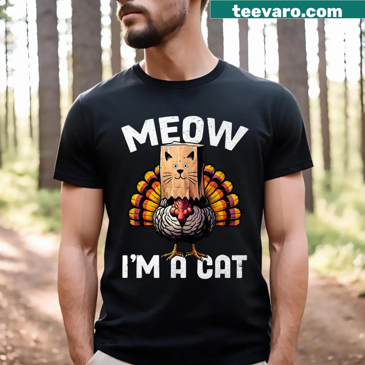 Cartoon turkey in cat disguise on Thanksgiving T-shirt — on a men's t-shirt