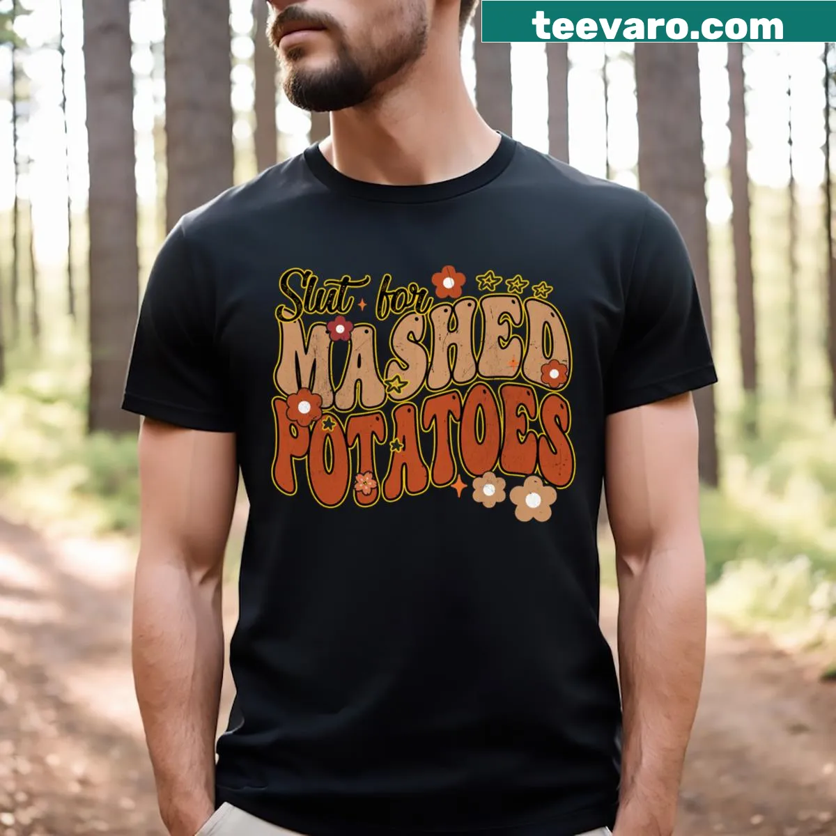 Retro Thanksgiving T-shirt with mashed potatoes text — on a men's t-shirt