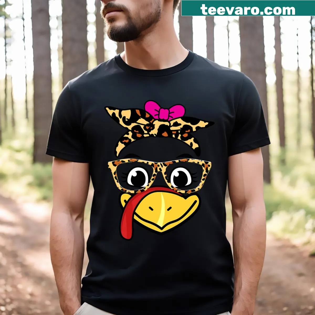 Silly turkey face graphic with leopard print glasses on a T-shirt — on a men's t-shirt