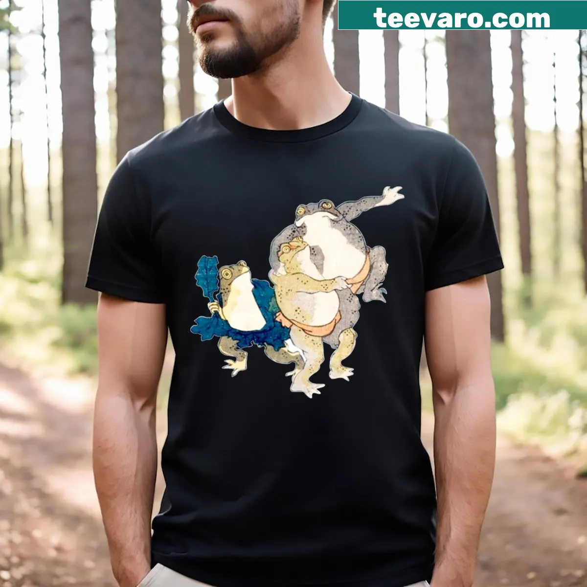 Illustration of two toads wrestling in sumo attire on a humorous T-shirt — on a men's t-shirt