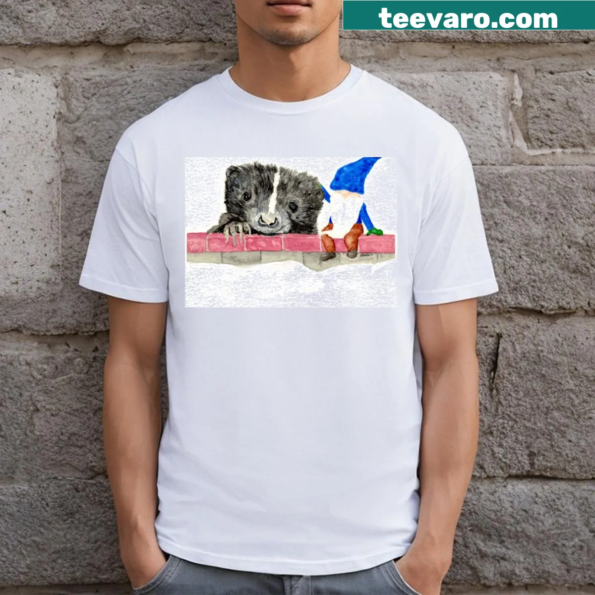 Whimsical Tomte tending to woodland creatures graphic — on a men's t-shirt