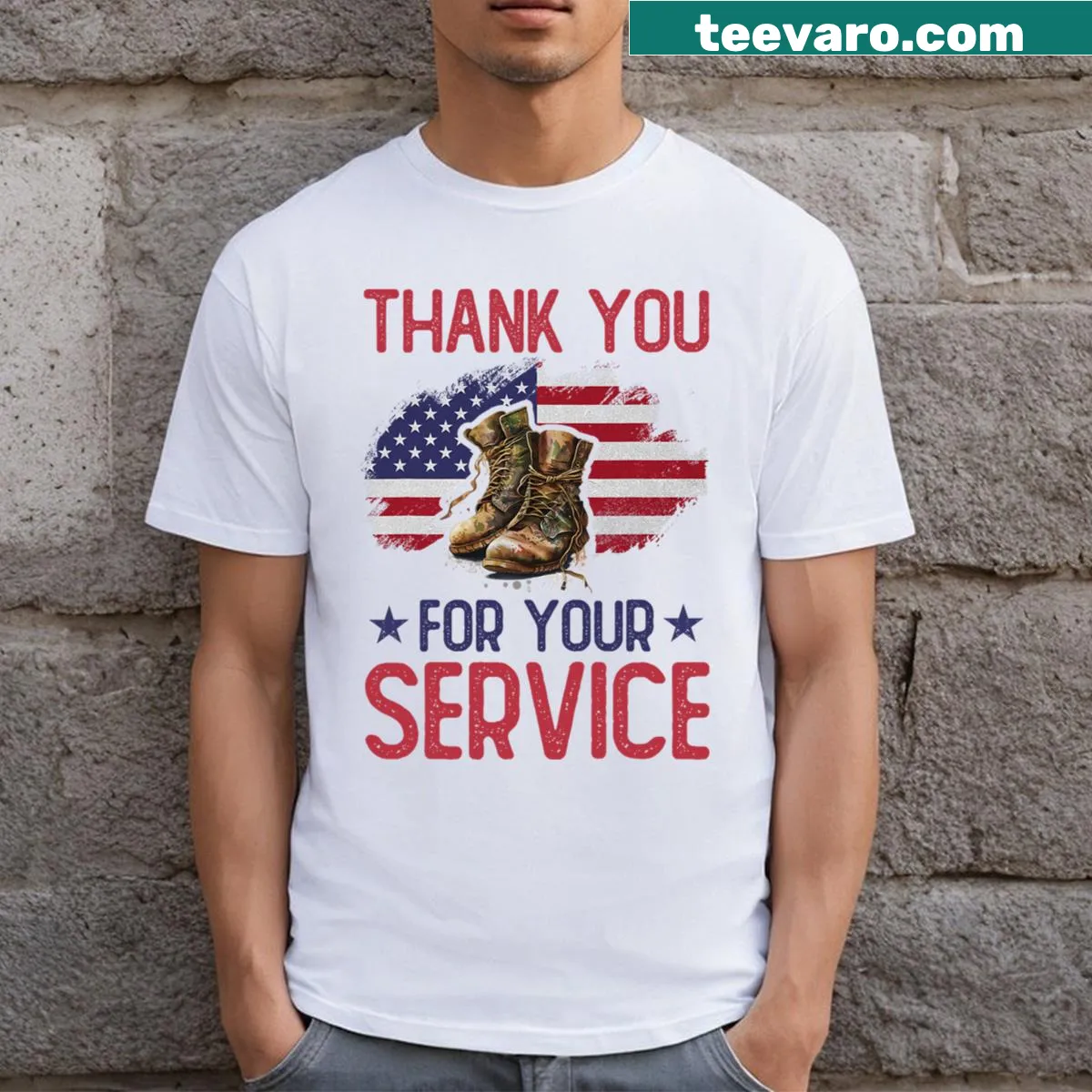 Funny Veteran's Day t-shirt with playful text thanking veterans for service — on a men's t-shirt
