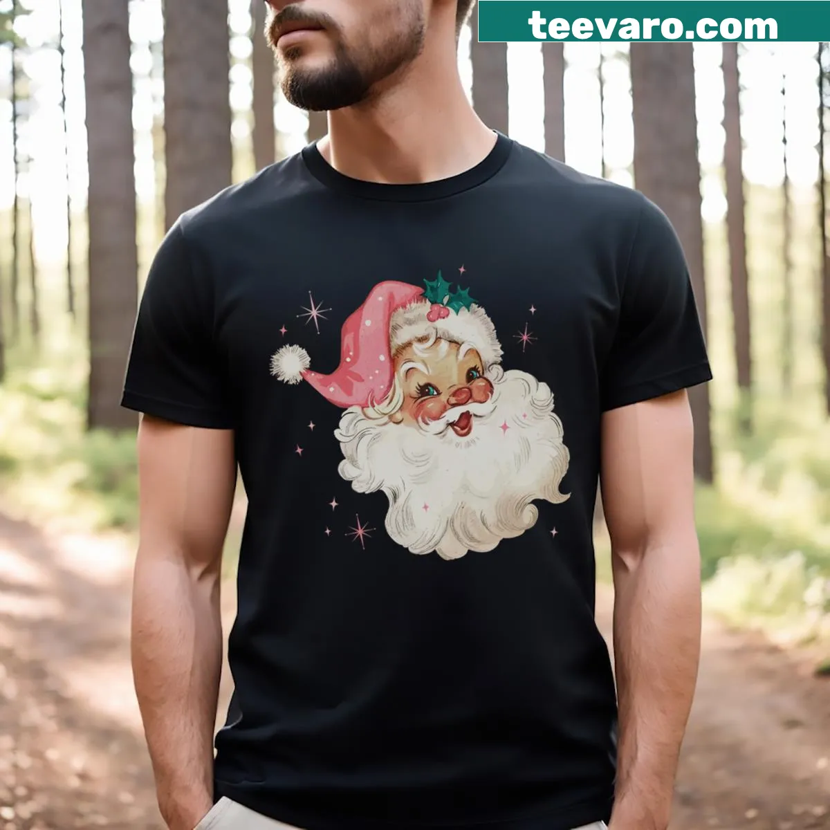 Vintage Santa graphic wearing a pink hat on a Christmas t-shirt — on a men's t-shirt