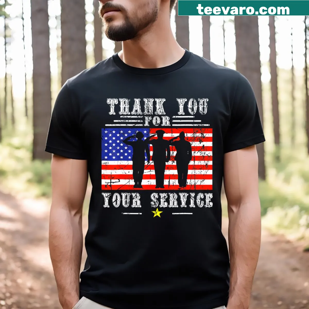 Vintage-style T-shirt honoring veterans with 'Thank You For Your Service' text — on a men's t-shirt