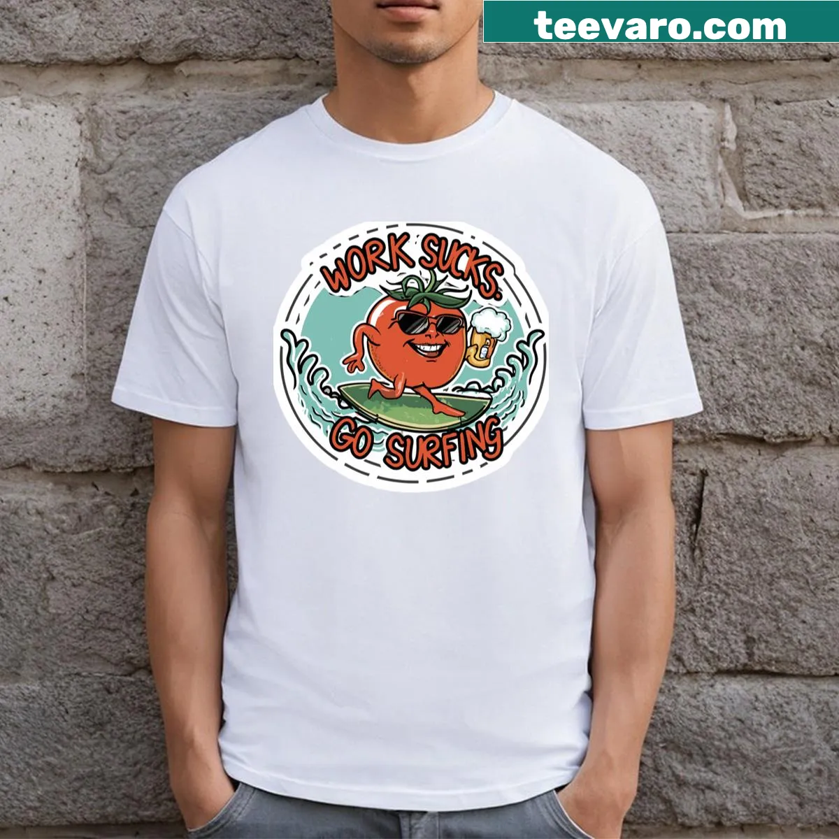 Humorous shirt with 'Work Sucks Go Surfing!' — on a men's t-shirt