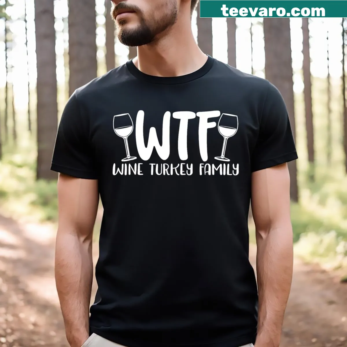 Funny Thanksgiving t-shirt with wine and turkey graphic — on a men's t-shirt