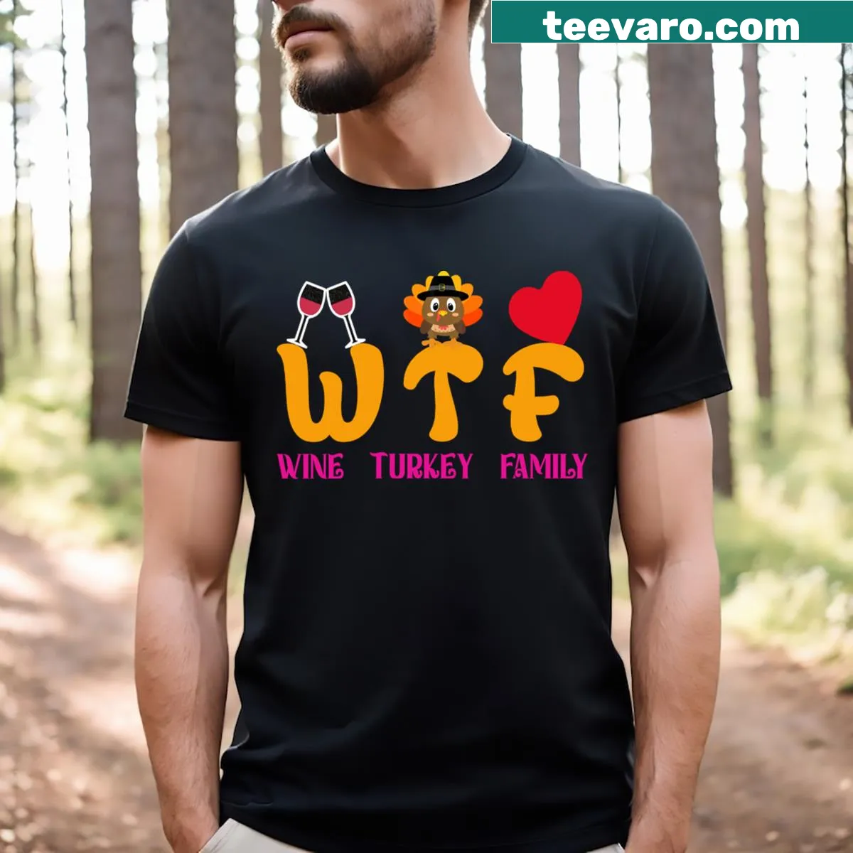 Humorous Thanksgiving t-shirt with wine and turkey design — on a men's t-shirt