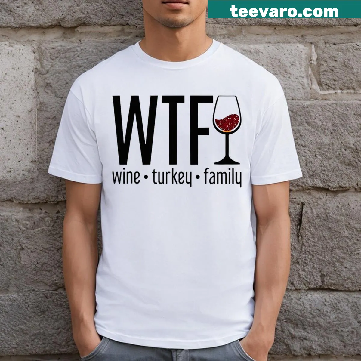 Funny Thanksgiving t-shirt with wine and turkey art — on a men's t-shirt